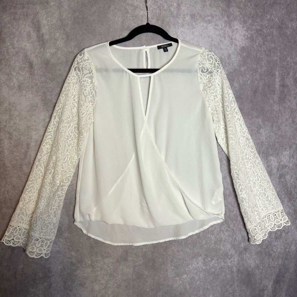XOXO White Asymmetrical Lace Bell Sleeve Sheer Blouse